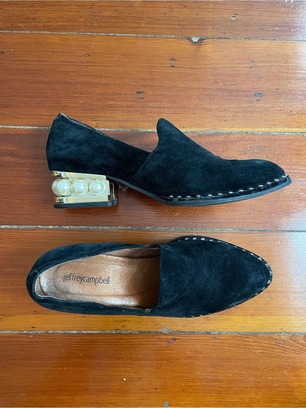 Jeffery Campbell Civil Black Suede Pearl Heel Loafers Women’s 8 ❤️🎀